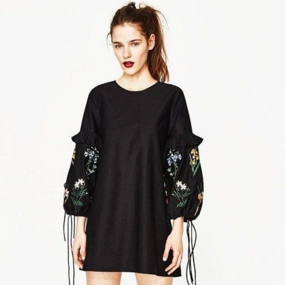 Zara Black Floral Embroidery Balloon Sleeve Dress Medium